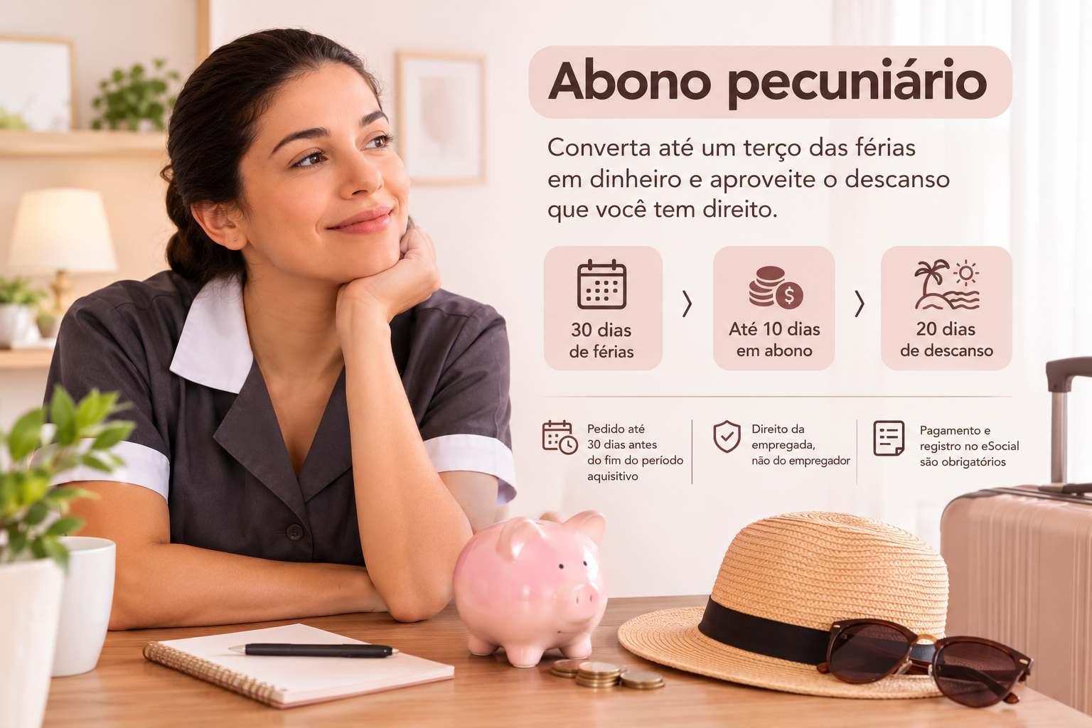 Empregada doméstica consulta informações sobre abono pecuniário e conversão de parte das férias em dinheiro.
