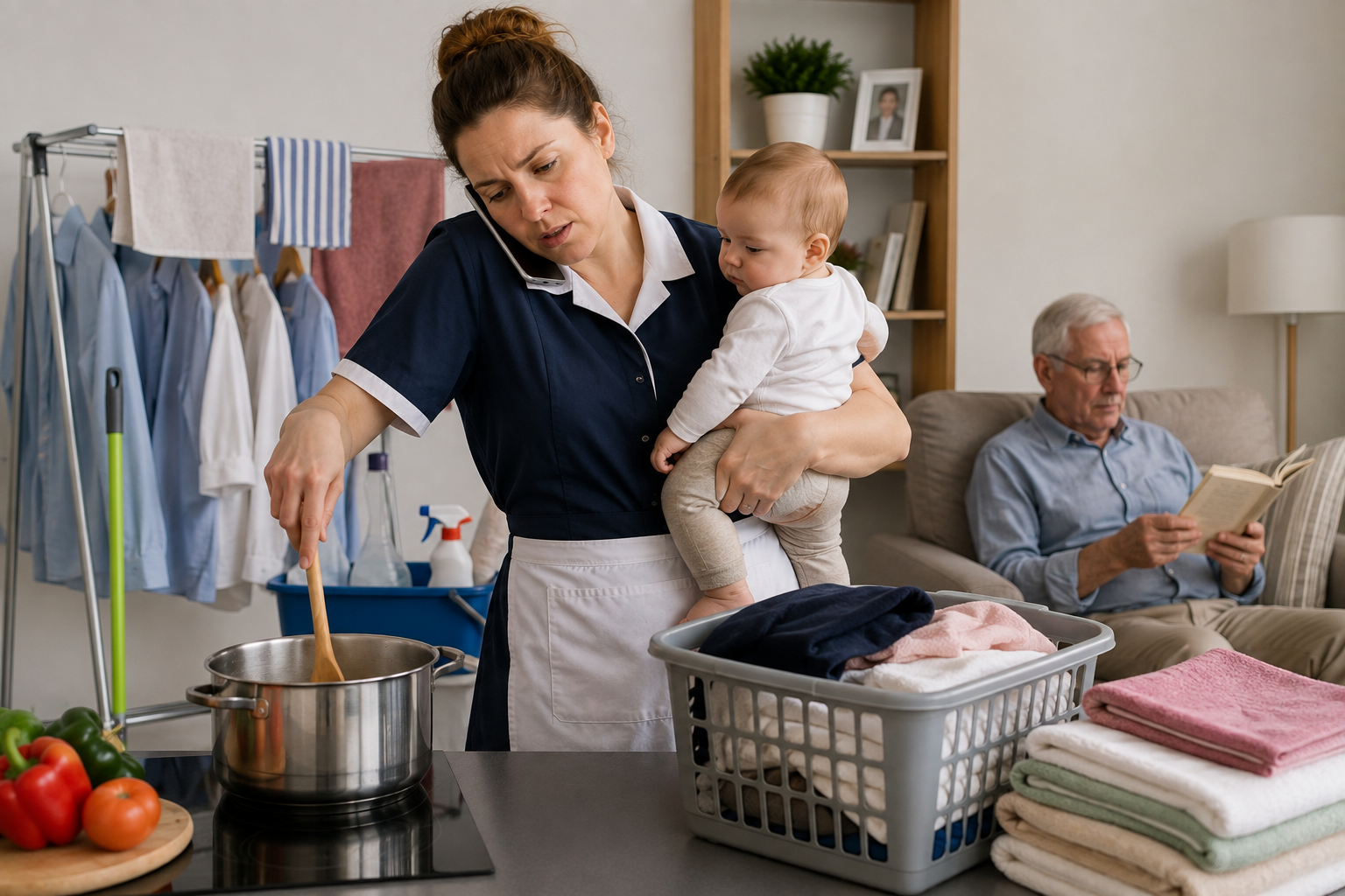 Empregada doméstica branca realizando várias tarefas simultaneamente, como cozinhar, cuidar de bebê e organizar roupas.