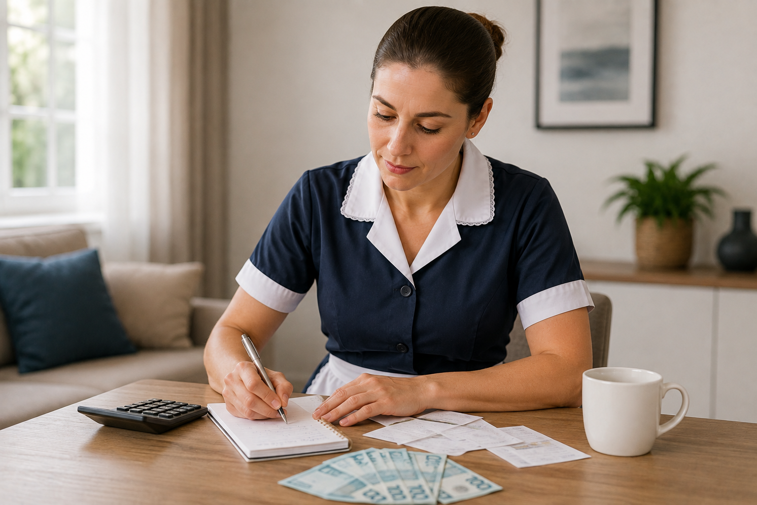 Empregada doméstica organiza contas e registra adiantamento salarial em ambiente residencial, com dinheiro e calculadora sobre a mesa.