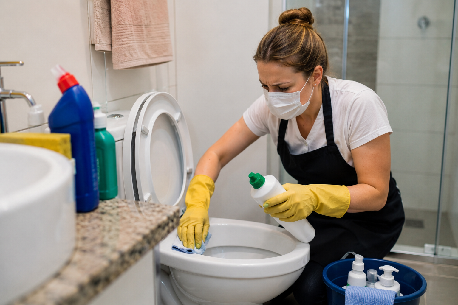 Empregada doméstica limpando um vaso sanitário com luvas e máscara, representando atividade de higienização em ambiente residencial.