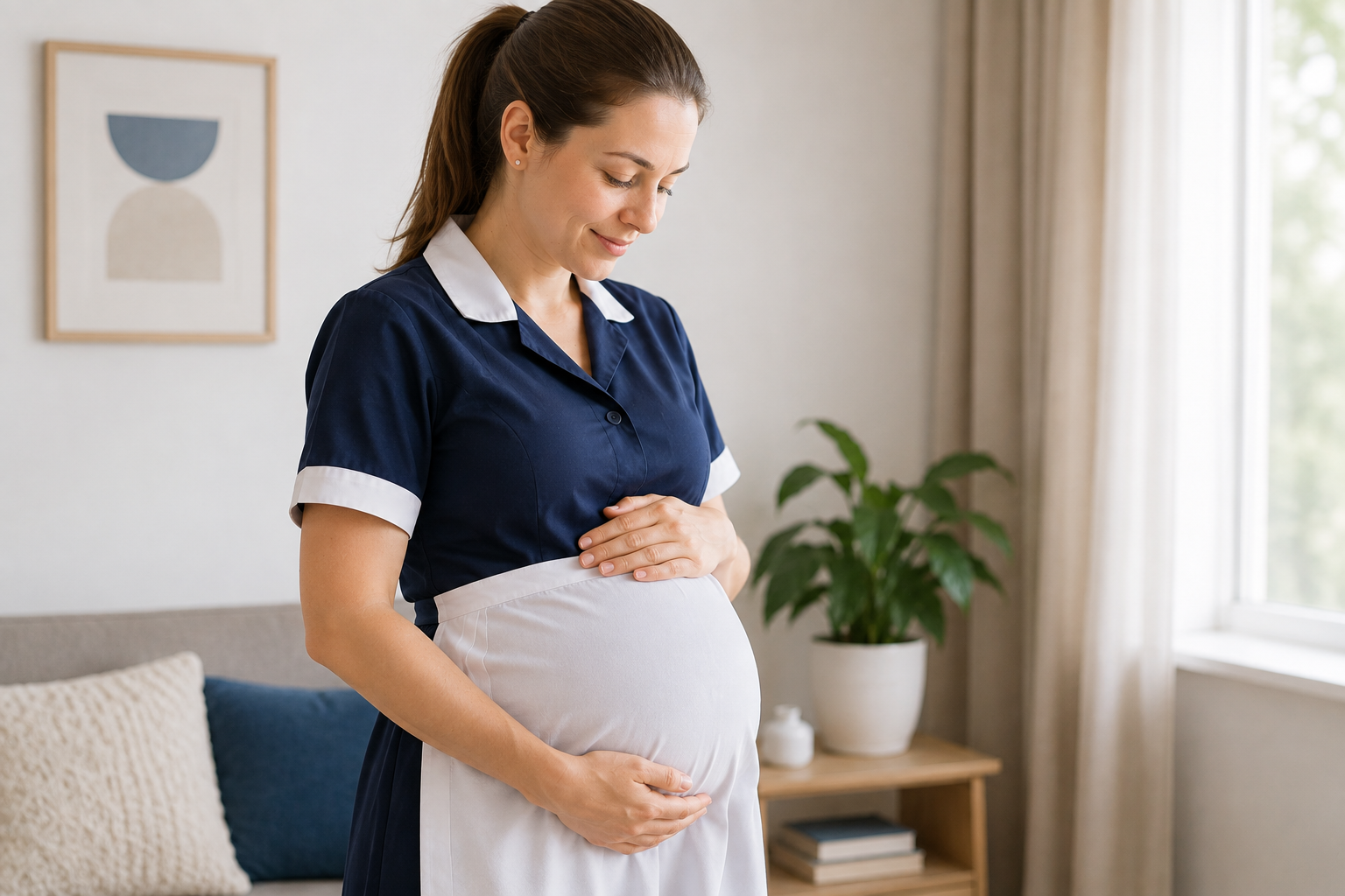 Empregada doméstica branca grávida em ambiente residencial, representando licença-maternidade e direitos trabalhistas.