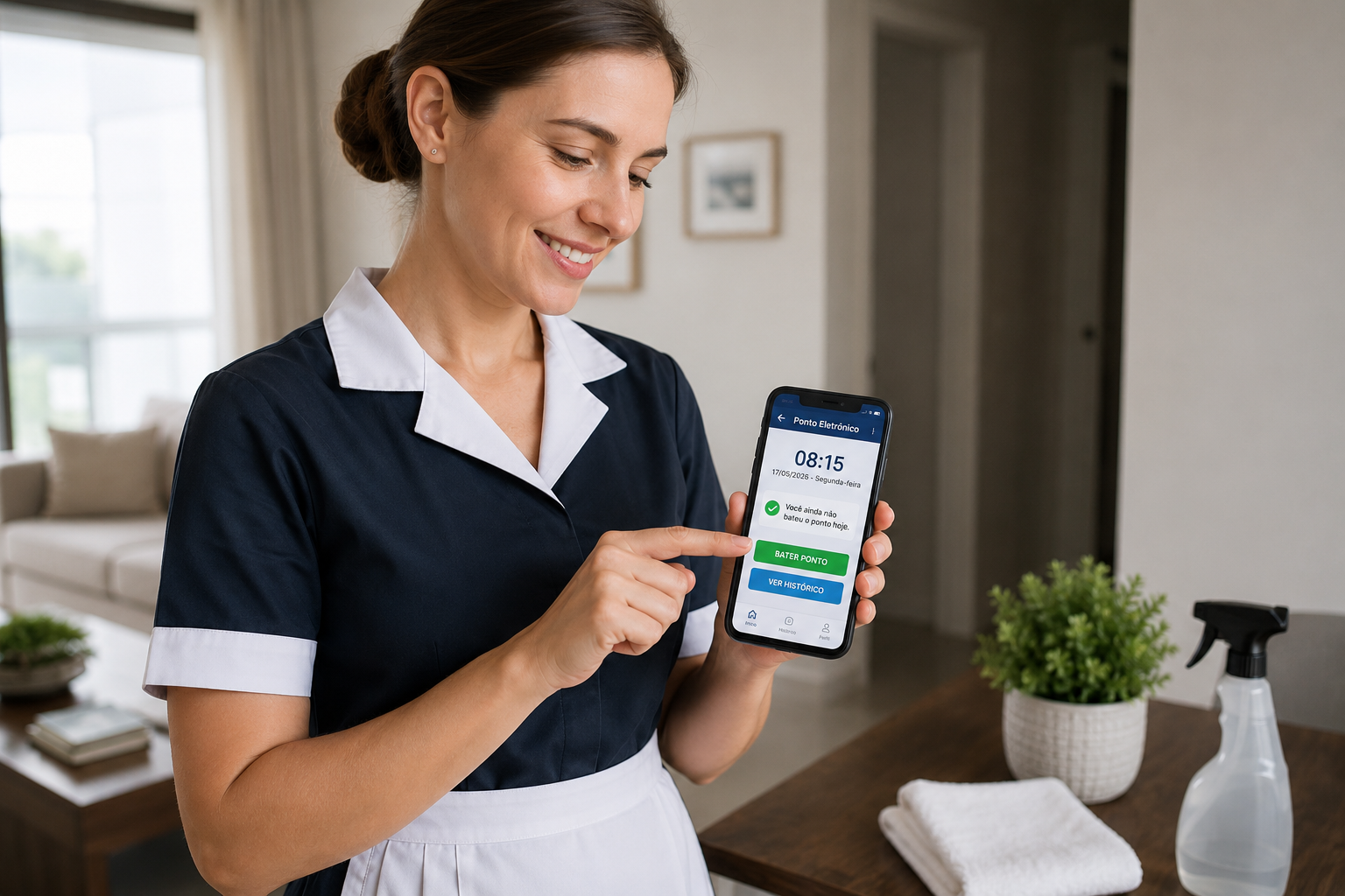 Empregada doméstica registra o ponto pelo aplicativo no celular durante o trabalho.