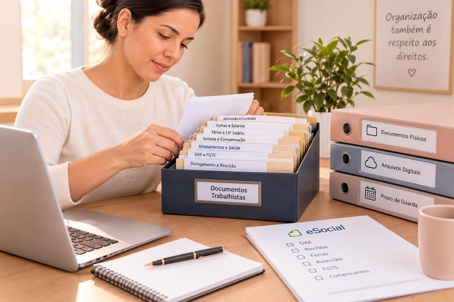Empregadora organiza documentos trabalhistas da empregada doméstica após o encerramento do contrato.