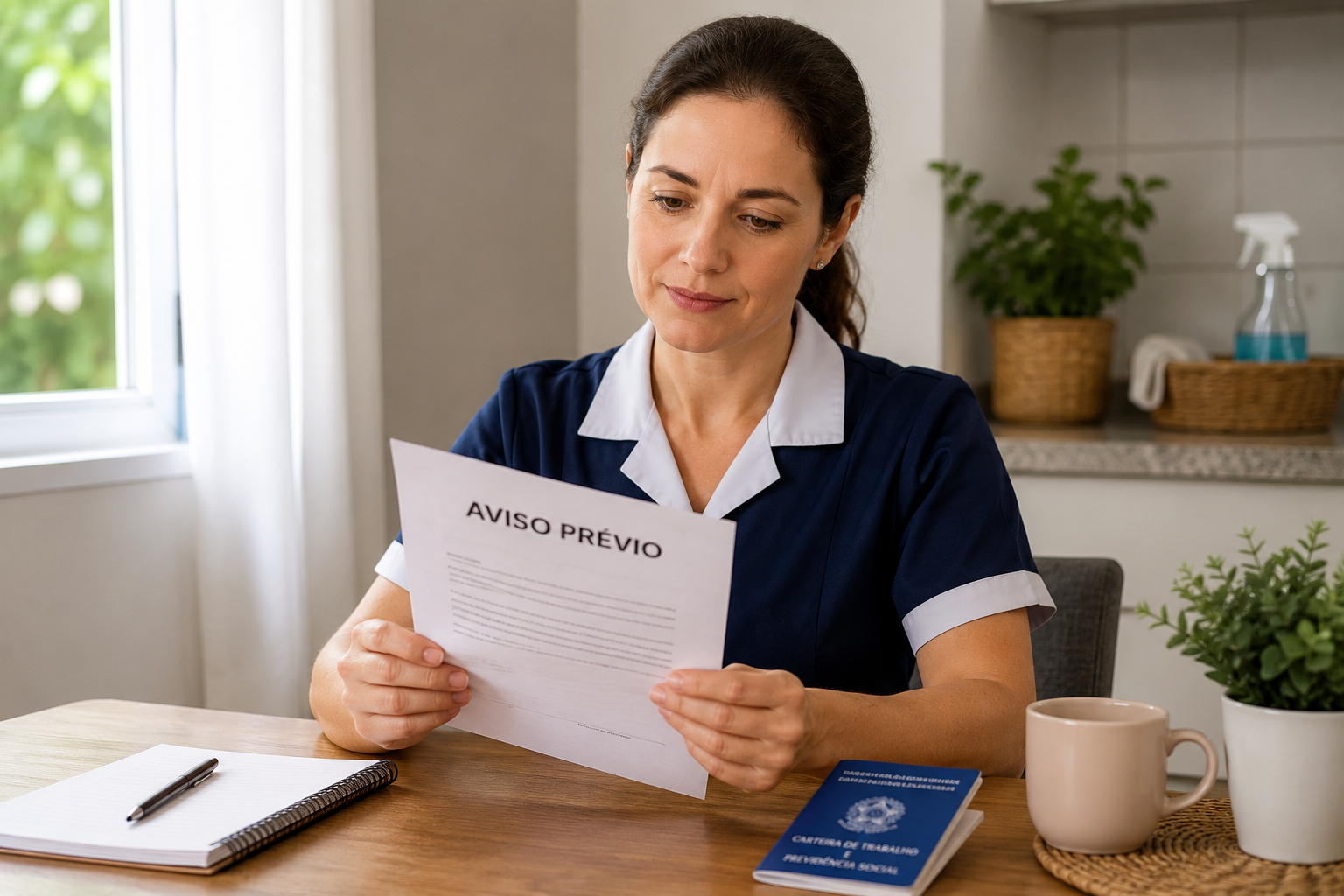 Empregada doméstica analisando documento de rescisão, representando o aviso prévio e os direitos trabalhistas no desligamento.
