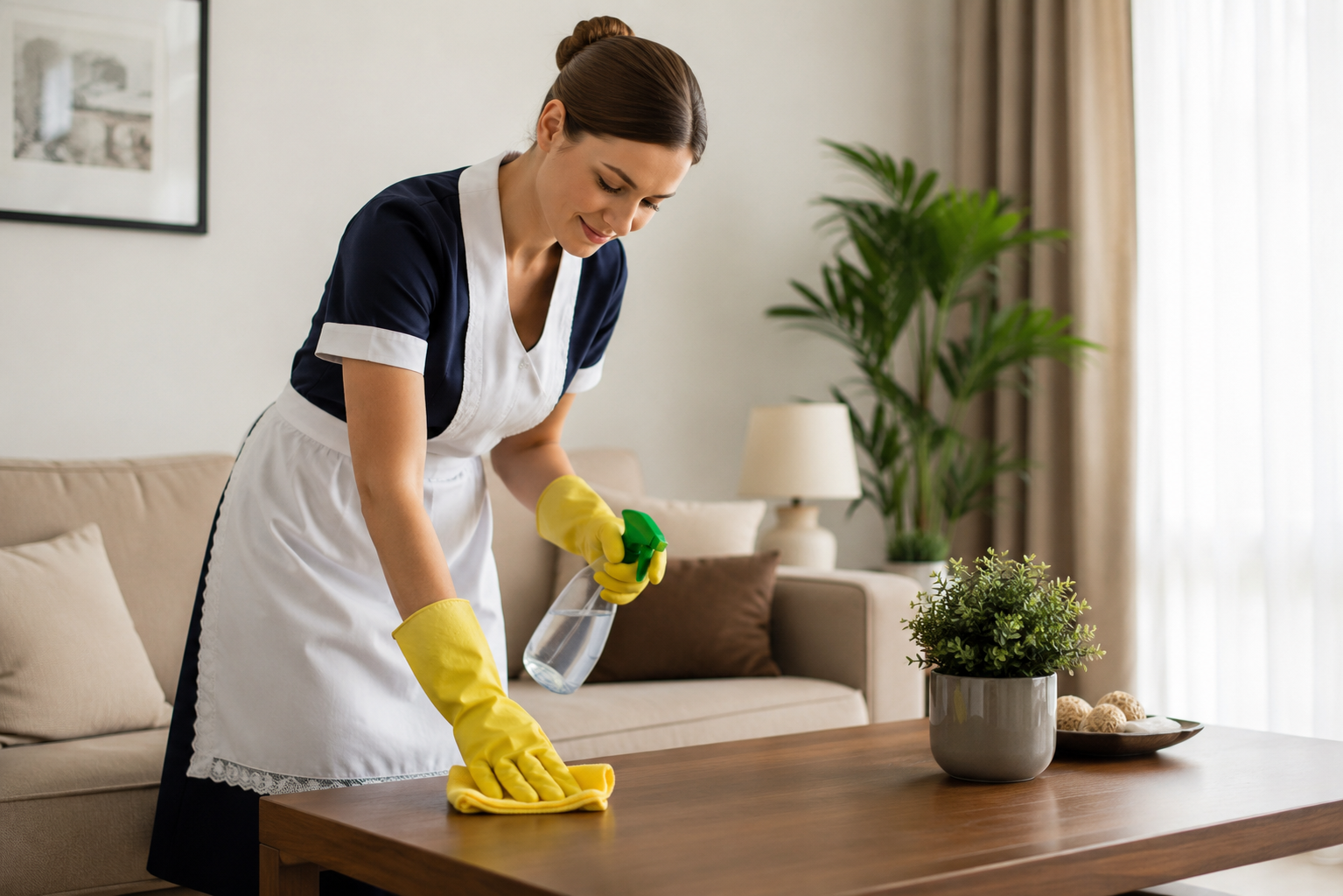 Empregada doméstica realizando limpeza de mesa em residência, representando o trabalho doméstico e a rotina profissional.