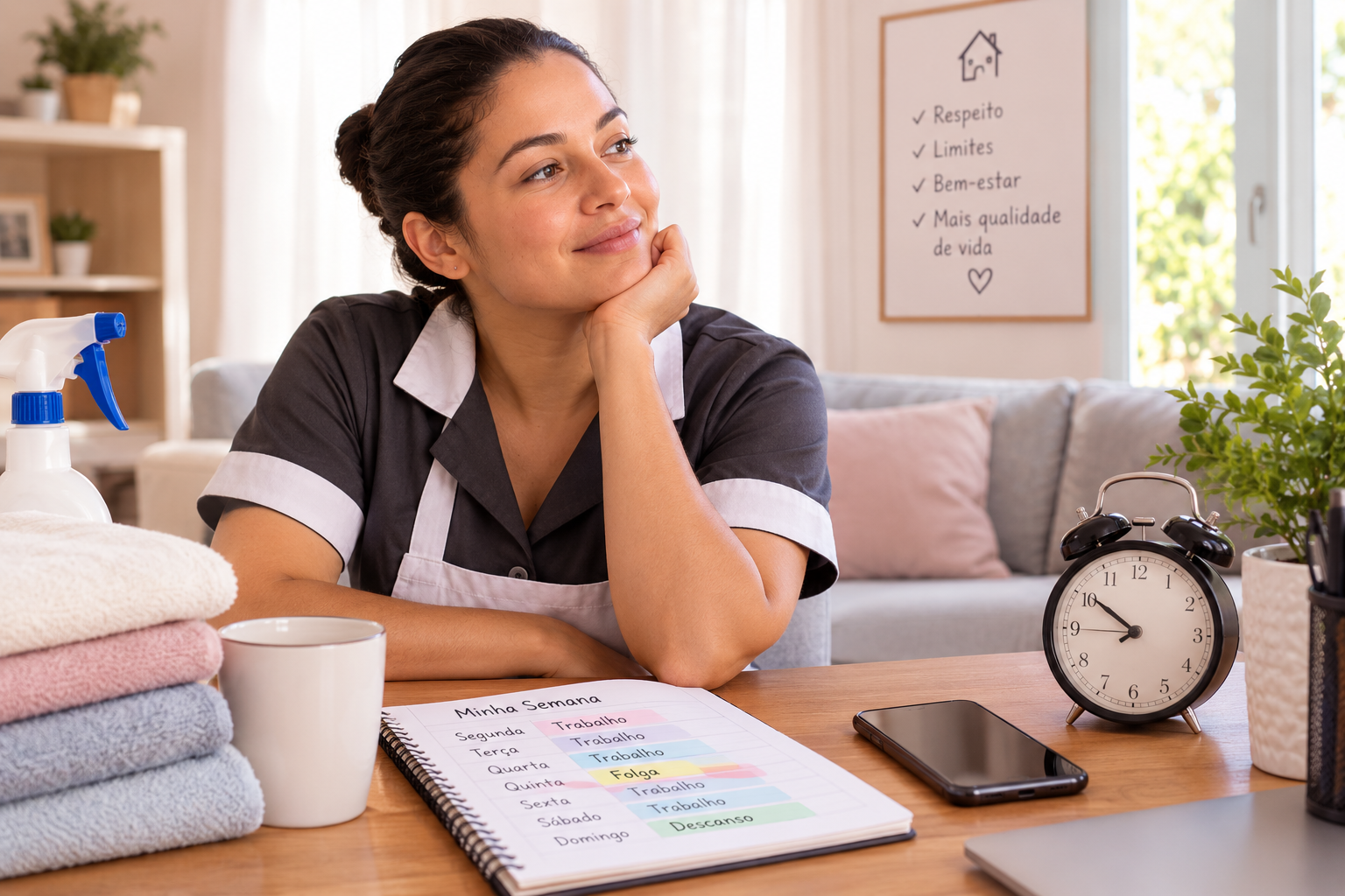 Empregada doméstica organiza a rotina de trabalho, com atenção aos horários, pausas e períodos de descanso.