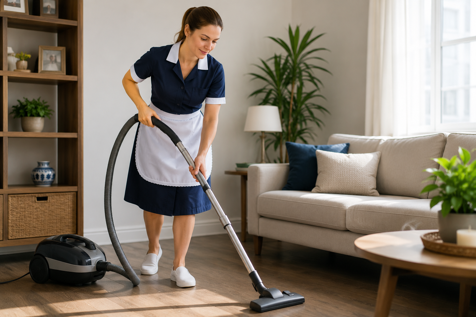 Empregada doméstica aspirando o chão de uma sala, representando a rotina de limpeza e o trabalho doméstico formal.