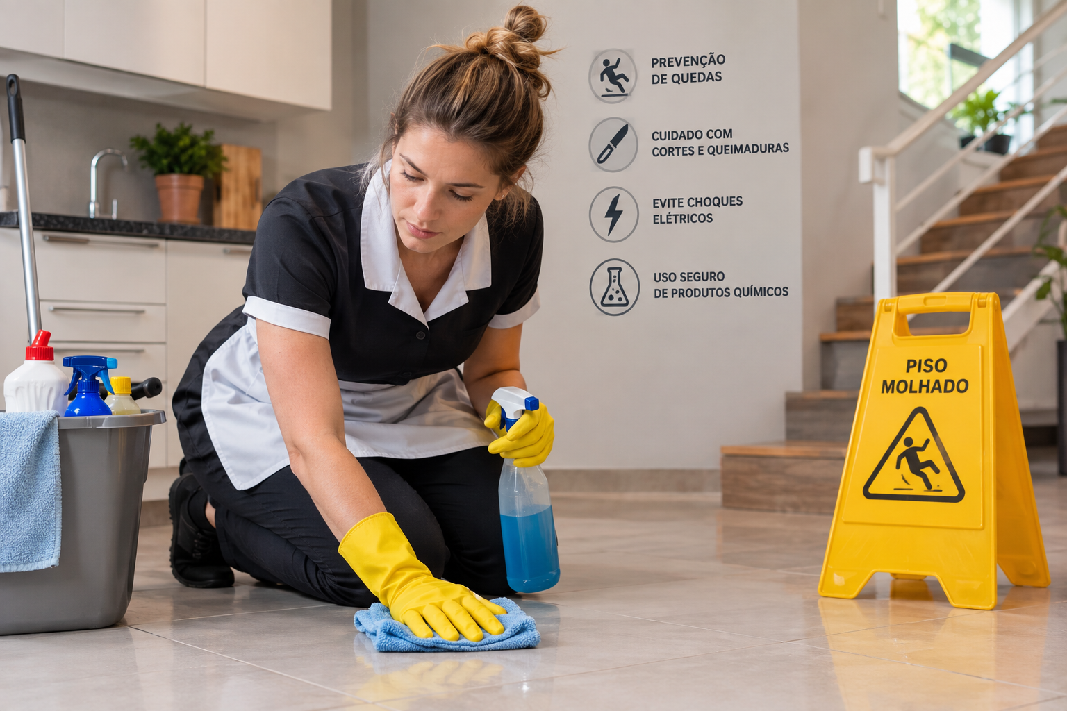 Empregada doméstica limpa o chão usando luvas e sinaliza o piso molhado para prevenir acidentes.