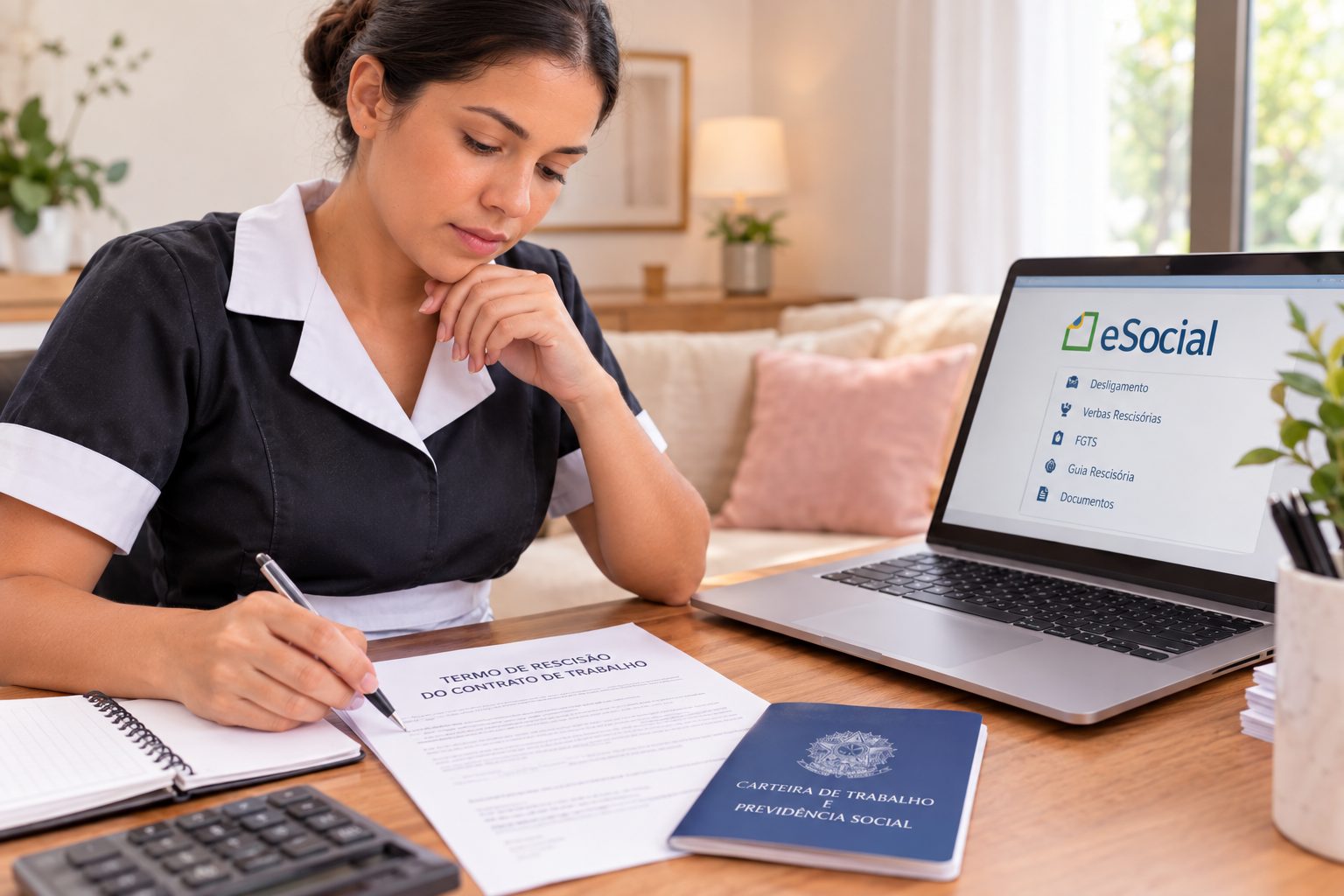 Empregada doméstica organiza documentos e procedimentos relacionados ao encerramento do contrato de trabalho.