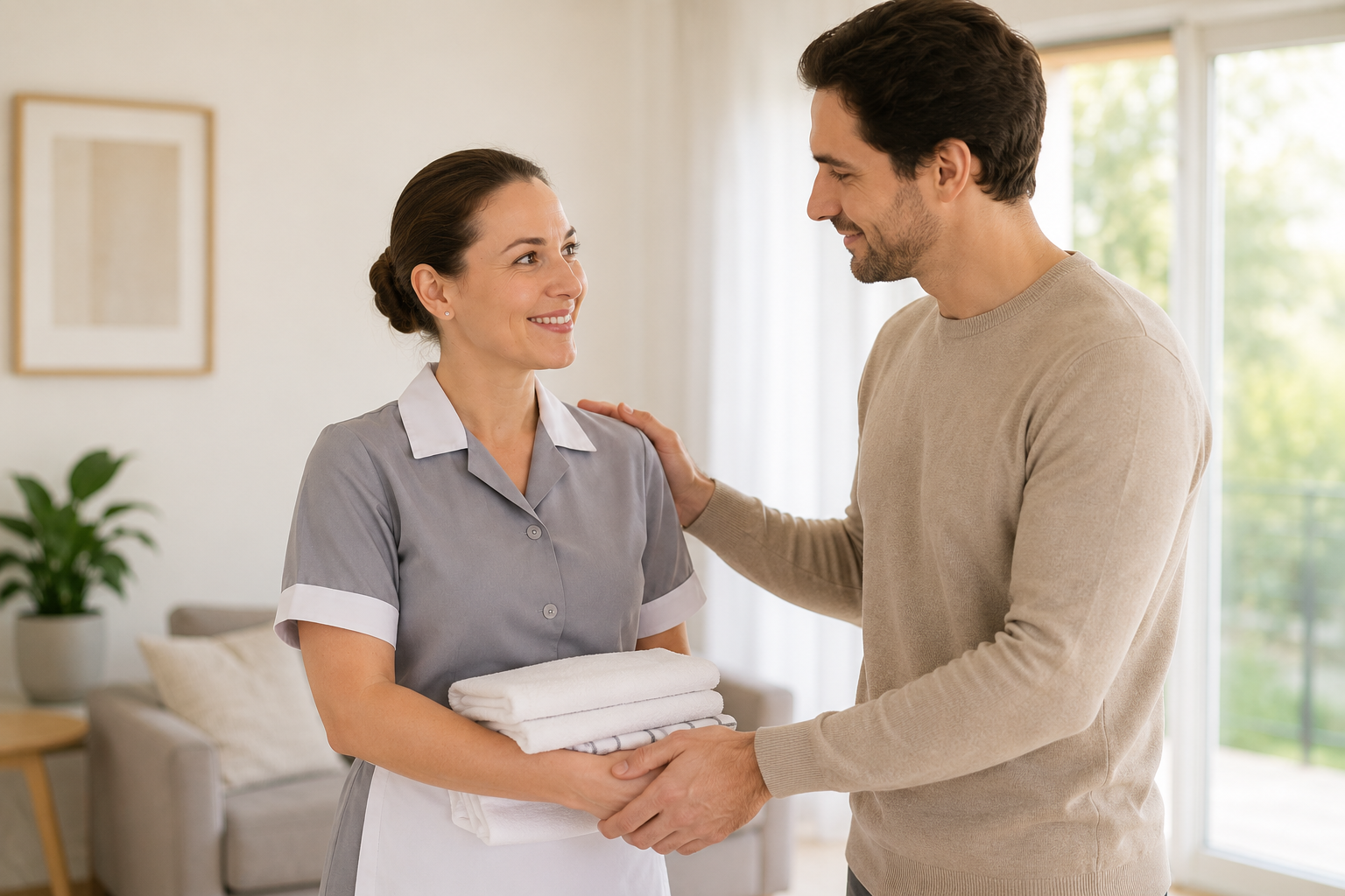 Empregada doméstica e empregador conversam com respeito e empatia em um ambiente de trabalho saudável.