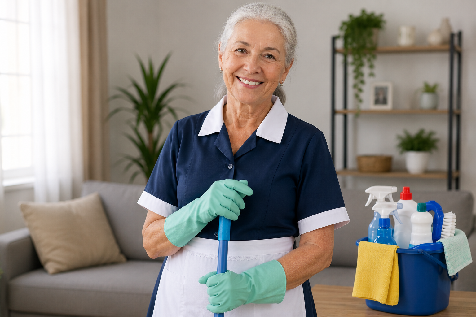 Empregada doméstica aposentada trabalhando em uma casa, usando uniforme, luvas e segurando um cabo de limpeza.