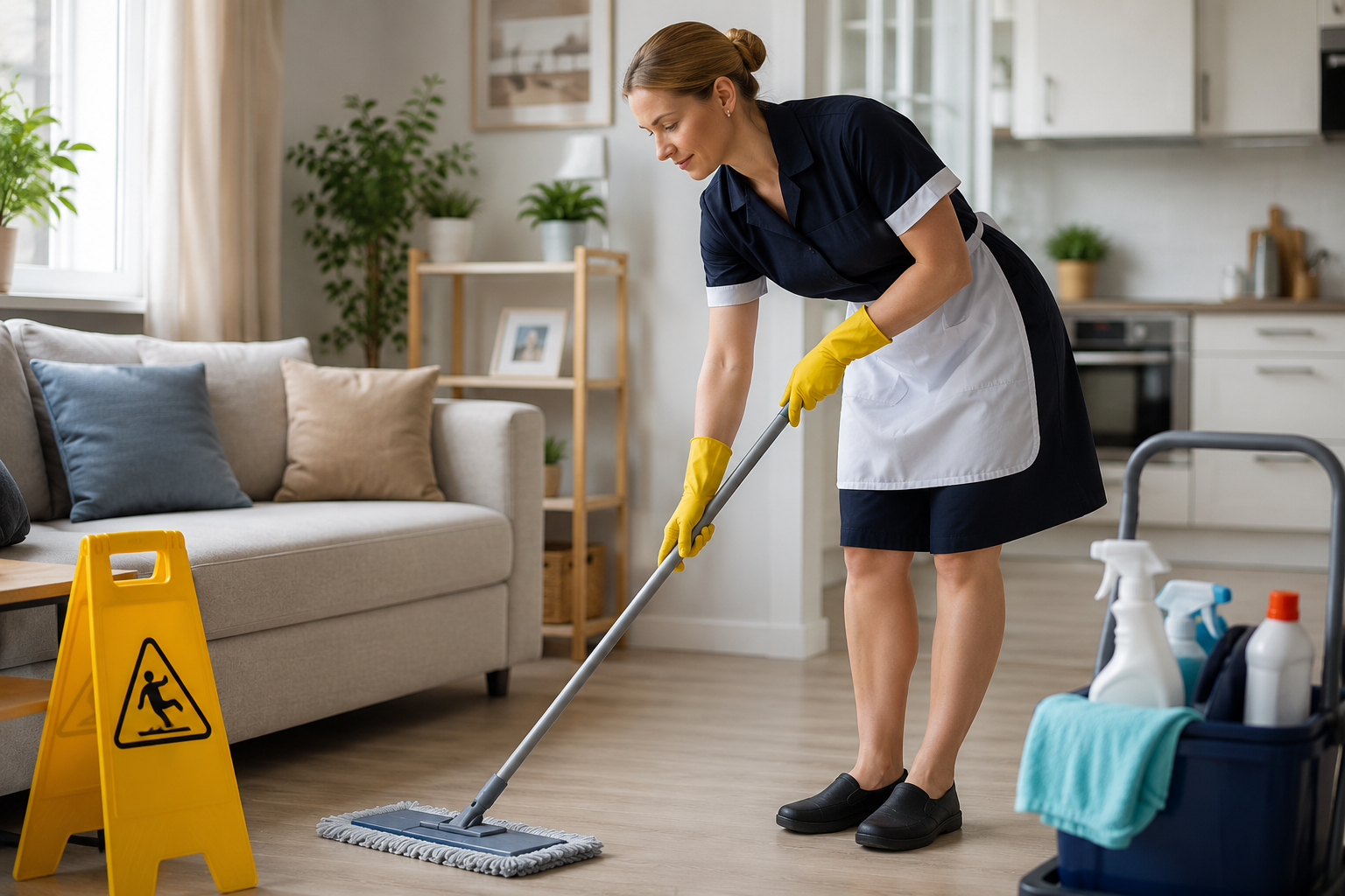 Empregada doméstica realiza limpeza com postura adequada, usando equipamentos de proteção e utensílios ergonômicos.