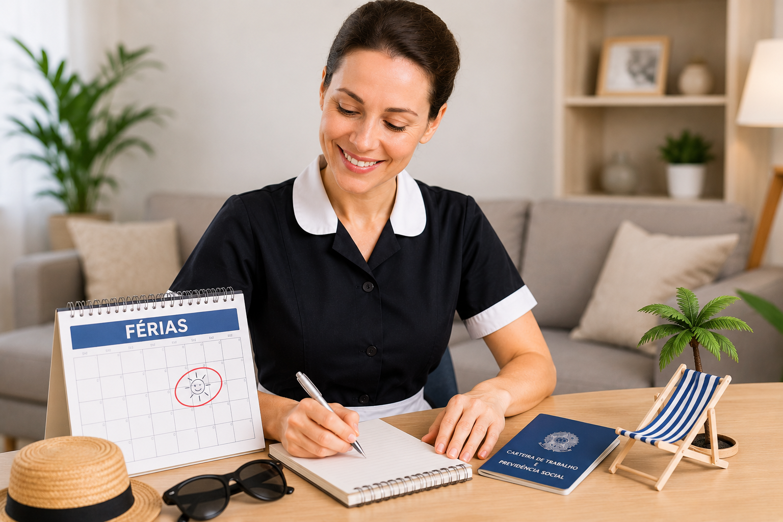 Empregada doméstica planejando férias com calendário, carteira de trabalho e itens que representam descanso e direitos trabalhistas.