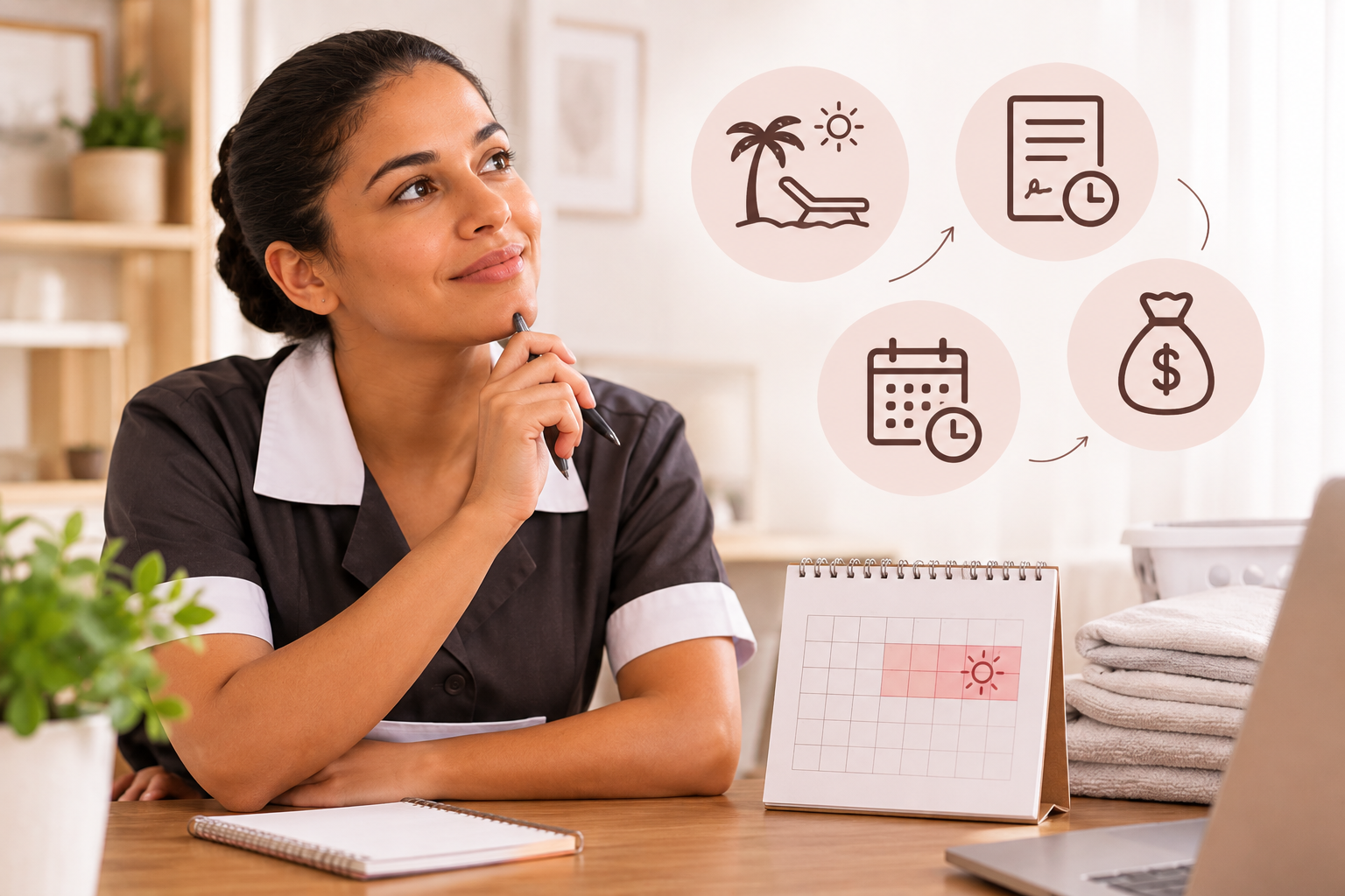 Empregada doméstica analisa calendário e documentos relacionados às férias e ao aviso prévio.