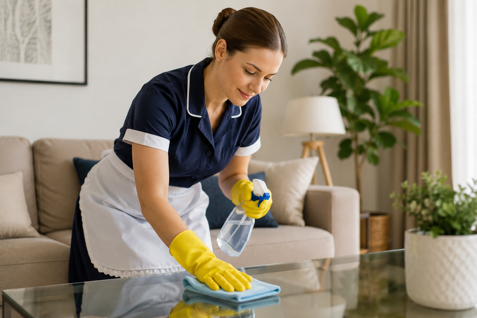 Empregada doméstica realizando limpeza em residência, representando a rotina de trabalho e as obrigações no eSocial Doméstico.