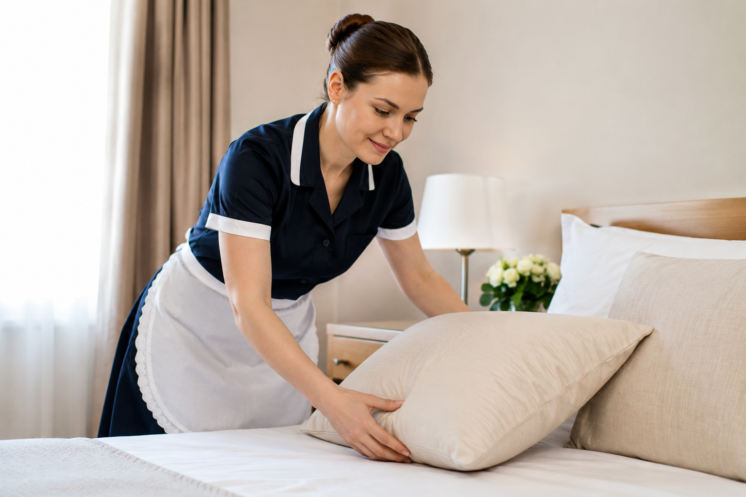 Empregada doméstica organizando a cama em residência, representando o trabalho doméstico formal e a rotina profissional.