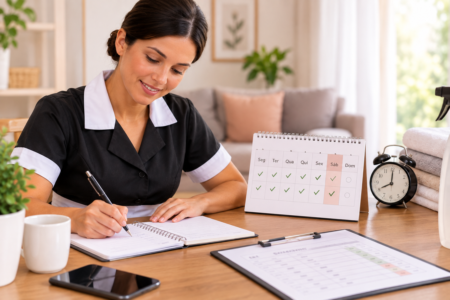 Empregada doméstica organiza sua jornada de trabalho, conferindo horários e registros em ambiente residencial.