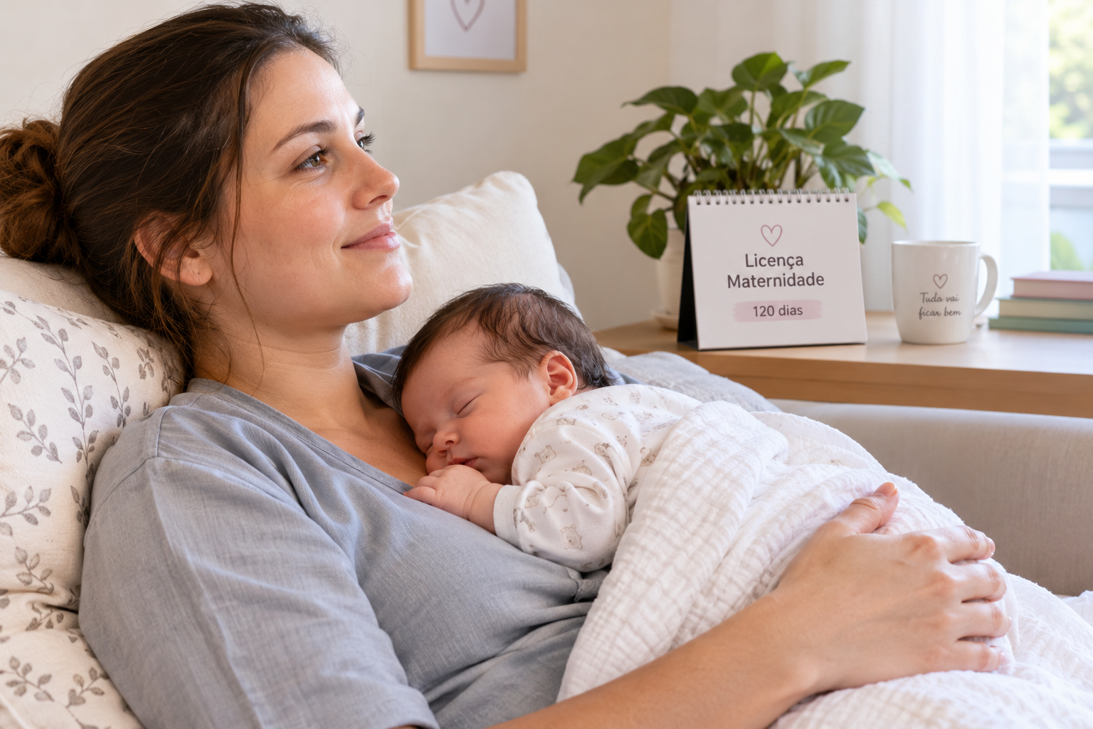 Empregada doméstica em licença-maternidade, descansando em casa enquanto segura seu bebê recém-nascido no colo.