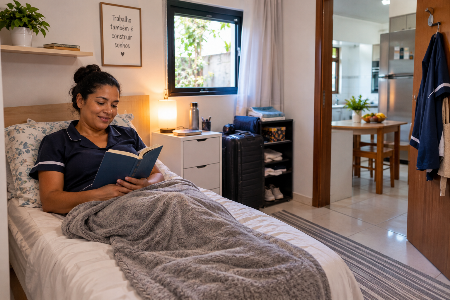 Empregada doméstica descansando em seu quarto na residência onde trabalha, com cama, armário e ambiente organizado.