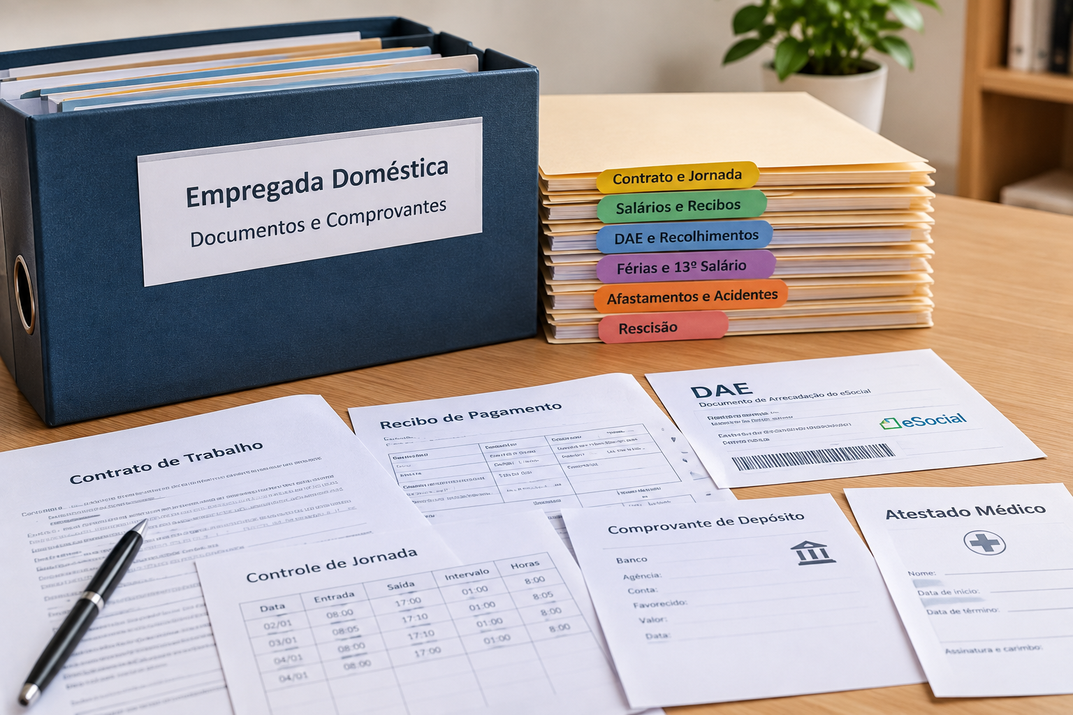 Pasta organizada com documentos da empregada doméstica, incluindo contrato, recibos salariais, guia DAE e registros de jornada.