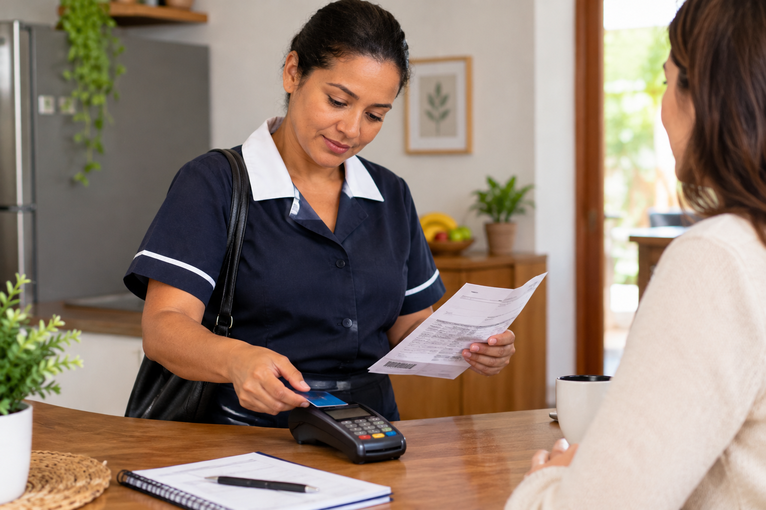 Empregada doméstica conferindo uma conta e realizando pagamento com cartão, com autorização da família e organização financeira.