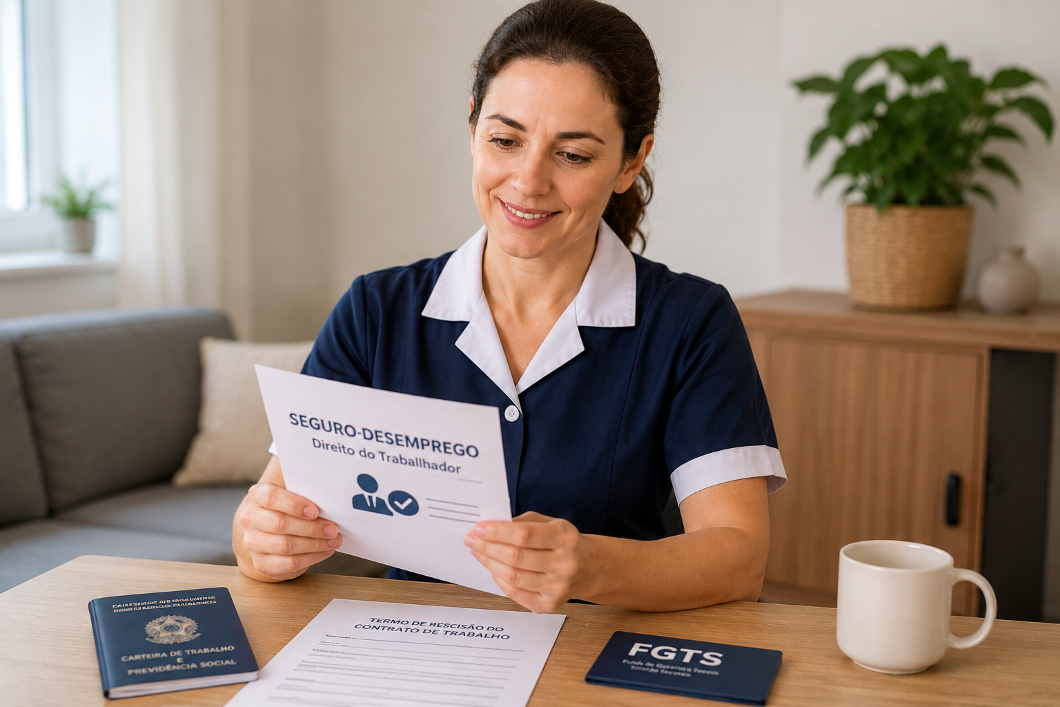 Empregada doméstica analisando documentos do seguro-desemprego, representando direitos trabalhistas após demissão sem justa causa.