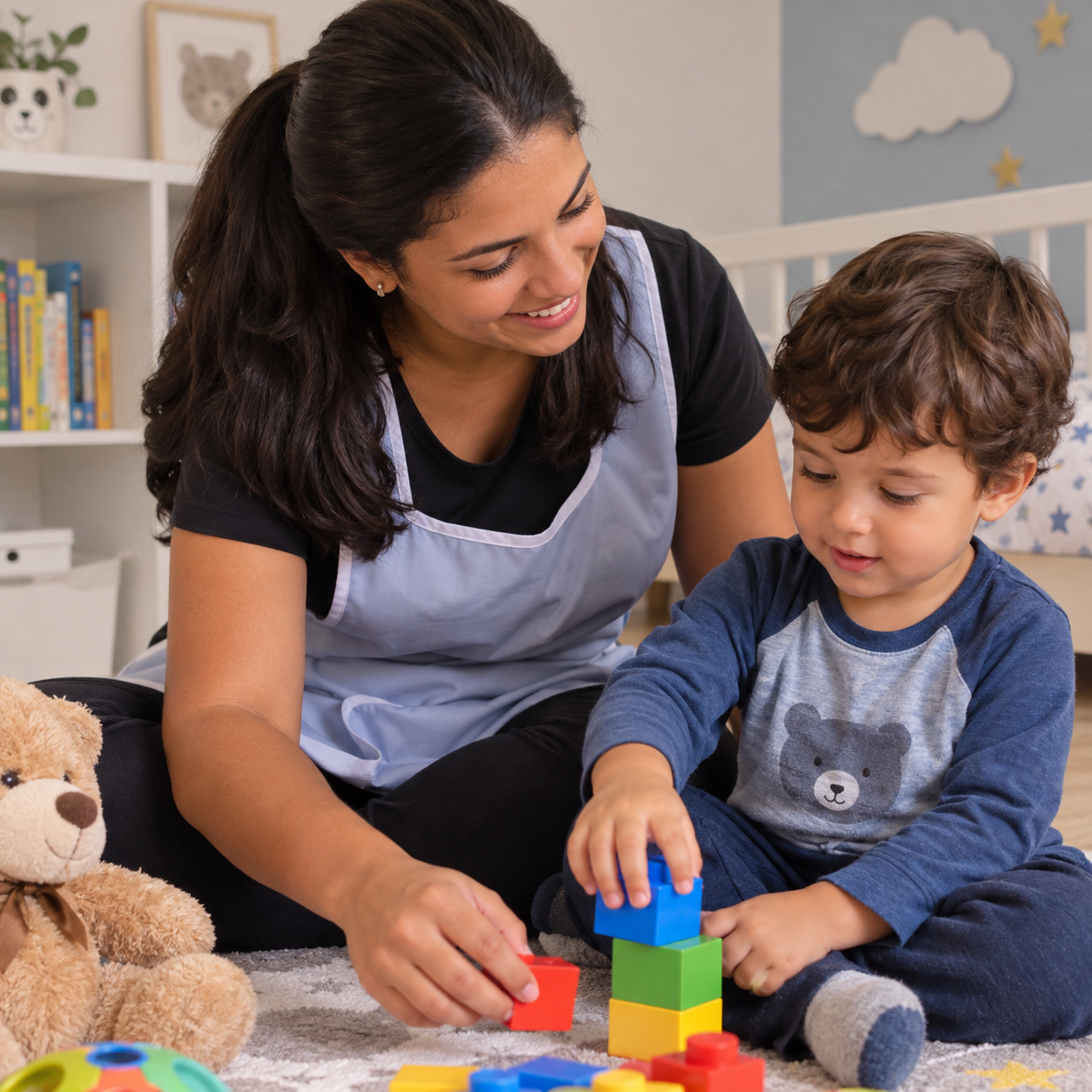 Babá cuidando de uma criança pequena e brincando com blocos coloridos em um ambiente acolhedor e seguro.