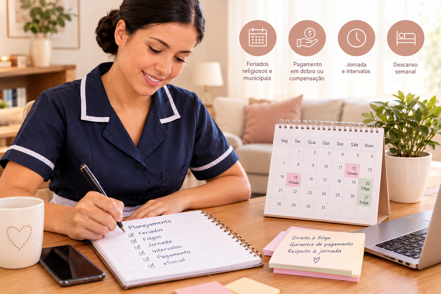 Empregada doméstica organiza feriados, folgas, jornada e pagamentos, planejando a rotina de trabalho com atenção aos direitos.