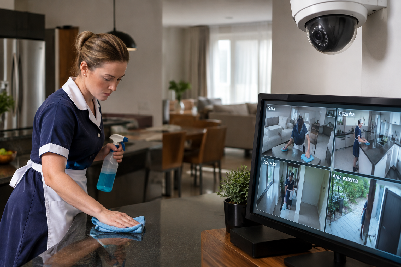 Empregada doméstica trabalhando em casa enquanto é monitorada por câmeras de segurança.