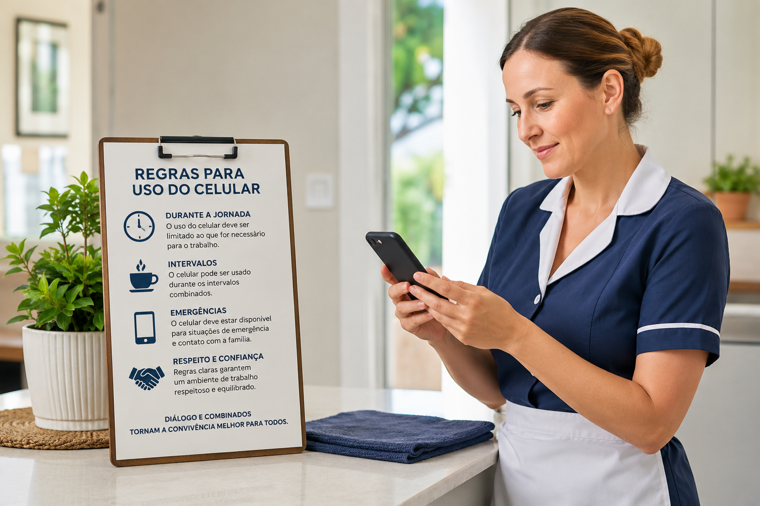Empregada doméstica usando celular em ambiente de trabalho, com regras sobre jornada, intervalos e situações de emergência.
