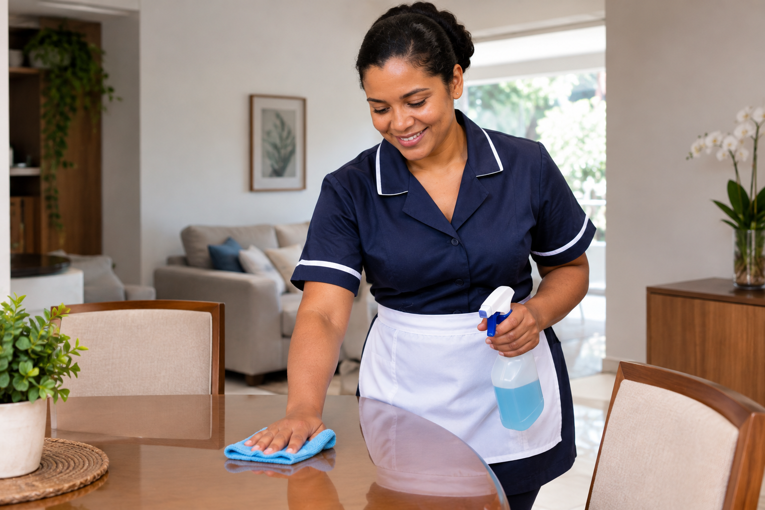 Empregada doméstica usando uniforme azul-marinho e avental branco enquanto limpa a mesa de uma residência.