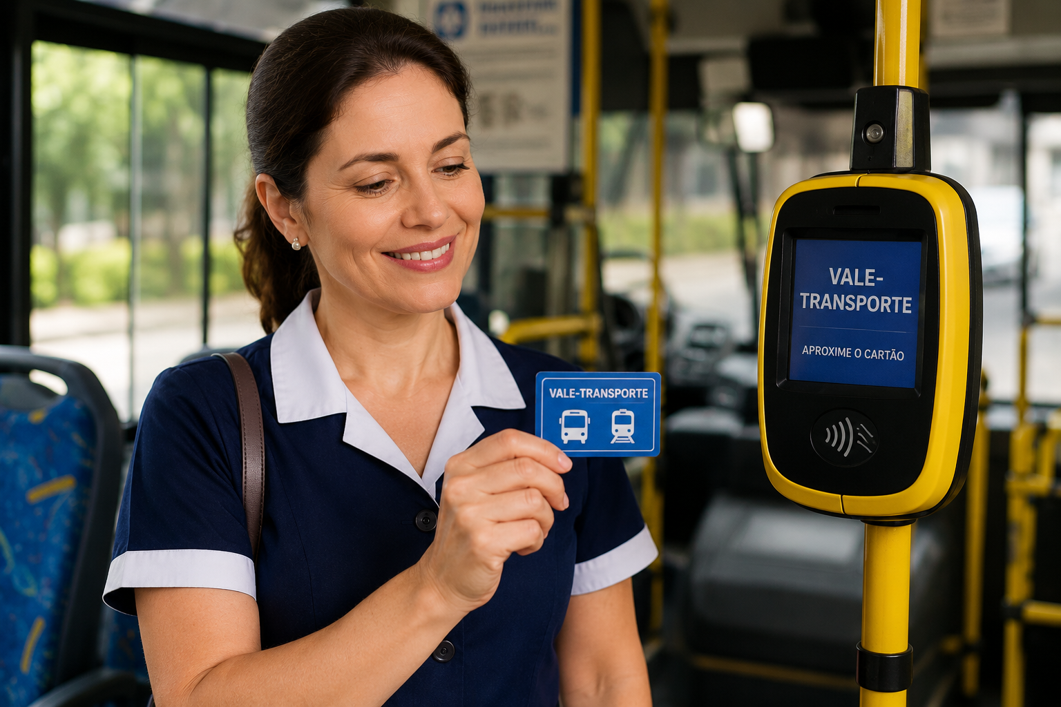 Empregada doméstica utilizando transporte público, representando o direito ao vale-transporte previsto na legislação trabalhista.