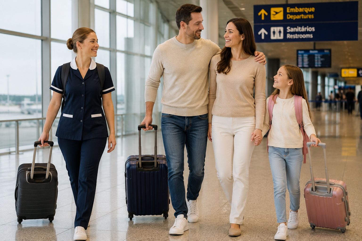 Empregada doméstica branca viajando de avião com seus empregadores e uma criança, acompanhada de malas no aeroporto.